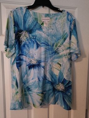Alfred Dunner Blue White Floral Short Sleeve Blouse